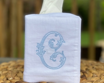 Linnen tissuedoos met monogram. Gepersonaliseerd cadeau. Wijnstok monogram cadeau. Gastvrouw cadeau.
