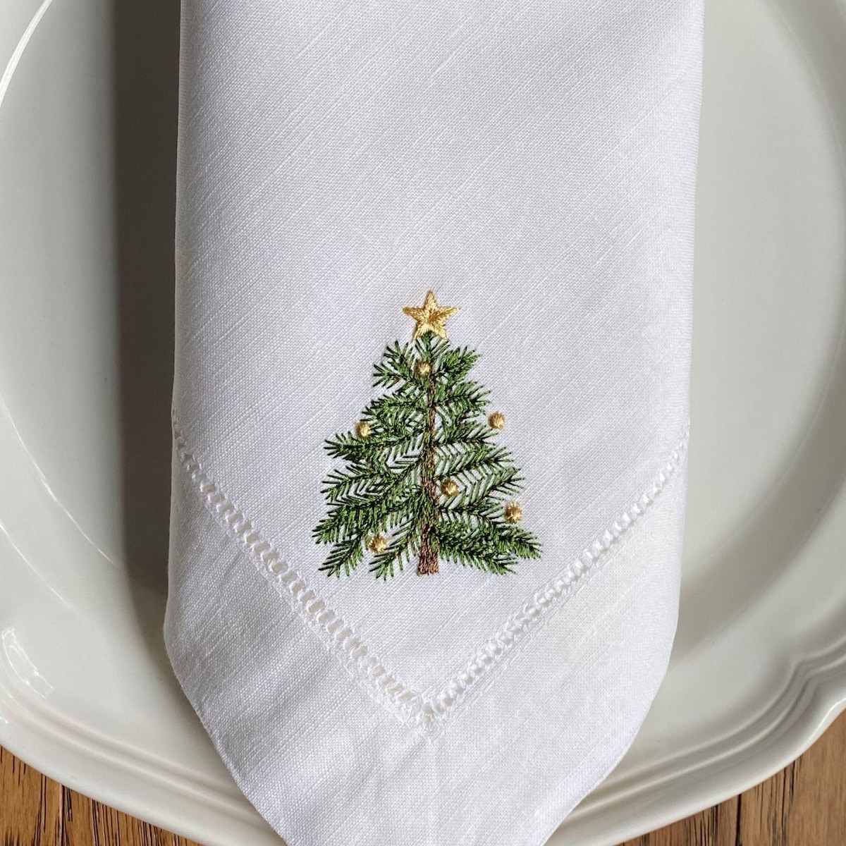 Holiday Tree Embroidered Linen Dinner Napkin
