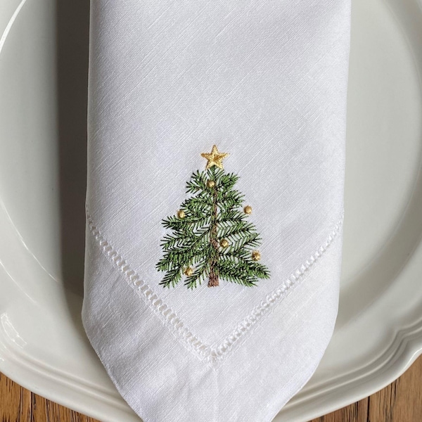 Holiday Tree Collection Embroidered Linen Dinner Napkin Ready to Ship Christmas Holiday Table Hostess Gift Classic Home Decor