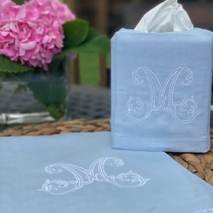 Monogrammed Blue Linen Tissue Box Cover & Hand Towel Set