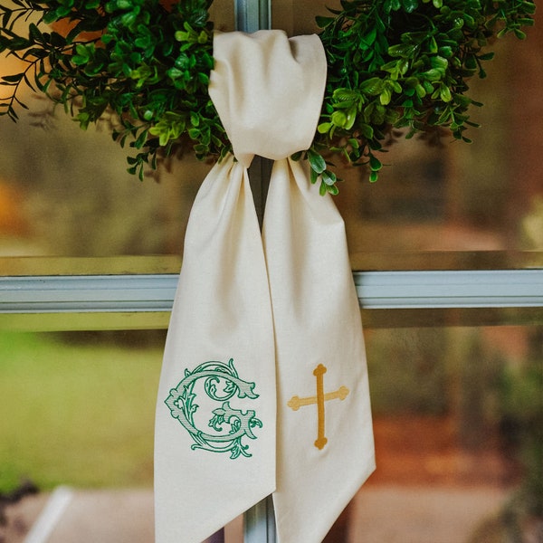 Cross Wreath Sash, Front Door Monogram Custom Embroidered  Wreath Sash Home Decor, Personalized Christian Easter Front Porch Home Decor