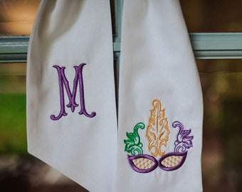 Mardi Gras Wreath Sash, Front Door Monogram Embroidered Boxwood Wreath Sash Decor, Personalized Door Hanger