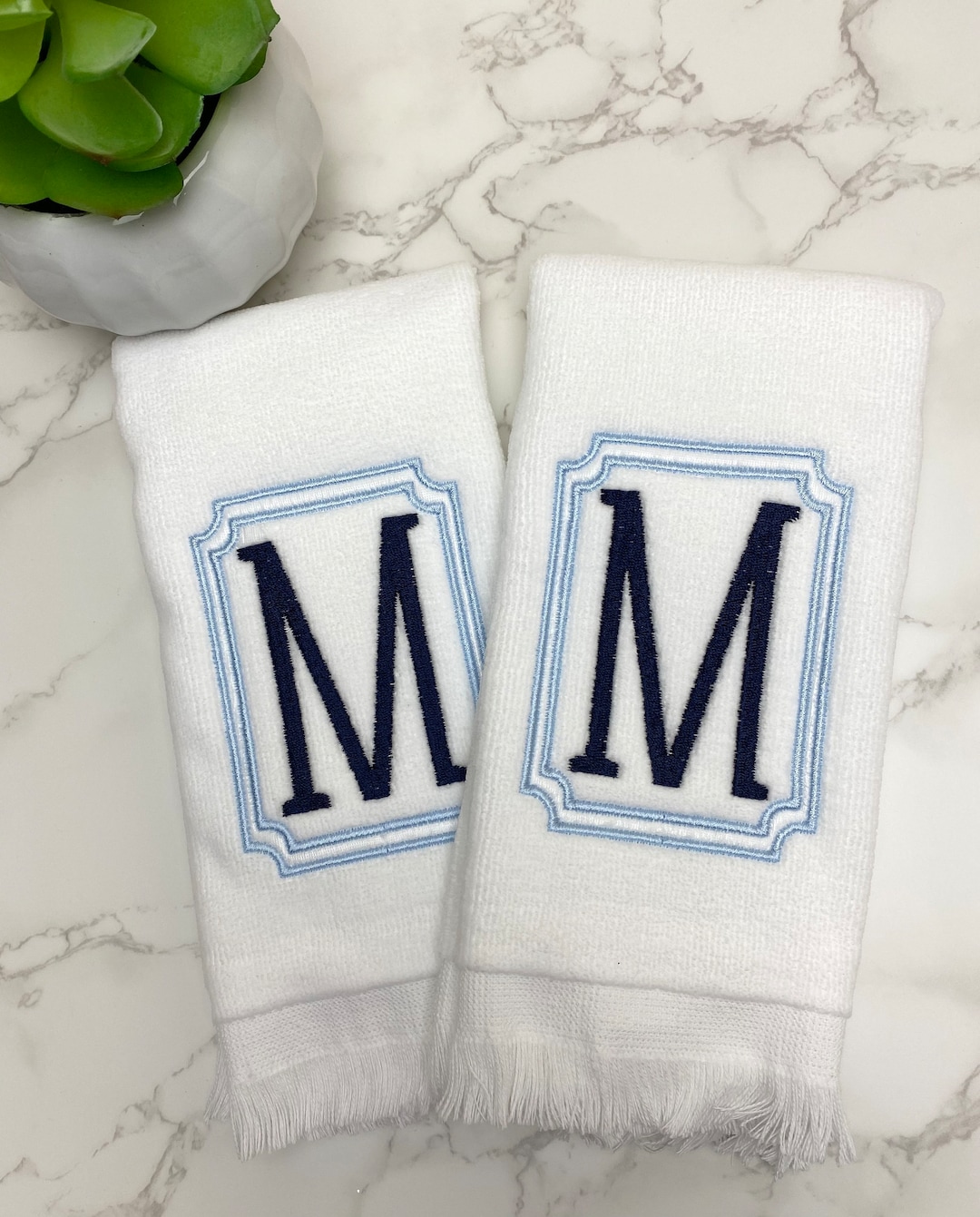 Classic Framed Monogram Fingertip Hand Towel Blue and White Custom