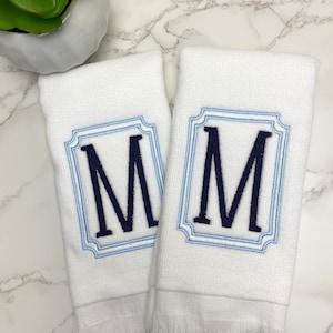 Classic Framed Monogram Fingertip Hand Towel Blue and White Custom Hostess Housewarming  Shower Gift