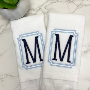 Classic Framed Monogram Fingertip Hand Towel Blue and White Custom Hostess Housewarming  Shower Gift