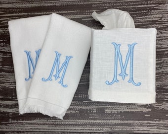 Monogrammed Fingertip Hand Towel  Single Letter Embroidered Linen Tissue Box Cover  Gift for the Hostess Housewarming  Shower Gift Set