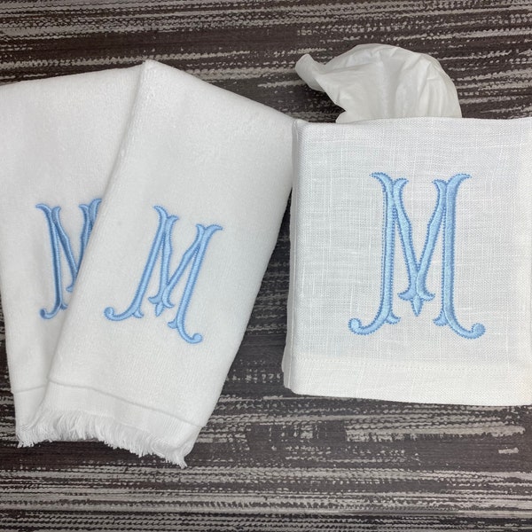 Monogrammed Fingertip Hand Towel  Single Letter Embroidered Linen Tissue Box Cover  Gift for the Hostess Housewarming  Shower Gift Set