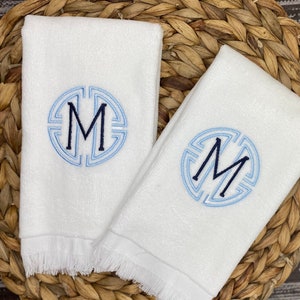 Medallion Monogrammed Fingertip Hand Towel Blue and White Custom Hostess Housewarming  Shower Gift Holiday Hostess  Teacher Gift