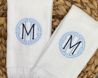 Medallion Monogrammed Fingertip Hand Towel Blue and White Custom Hostess Housewarming  Shower Gift for HerTeacher Gift