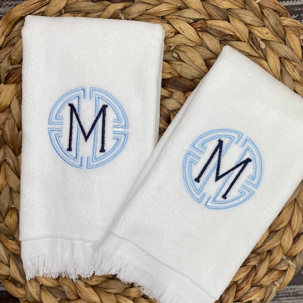 Medallion Monogrammed Fingertip Hand Towel Blue and White Custom Hostess Housewarming  Shower Gift Holiday Hostess  Teacher Gift