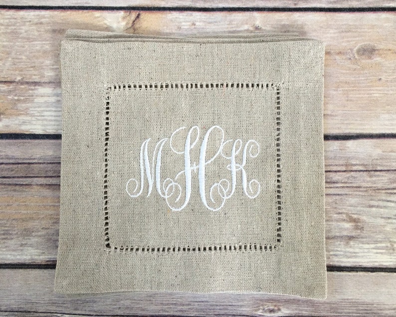 Monogram Embroidered Natural Linen Hemstitched Cocktail Napkins