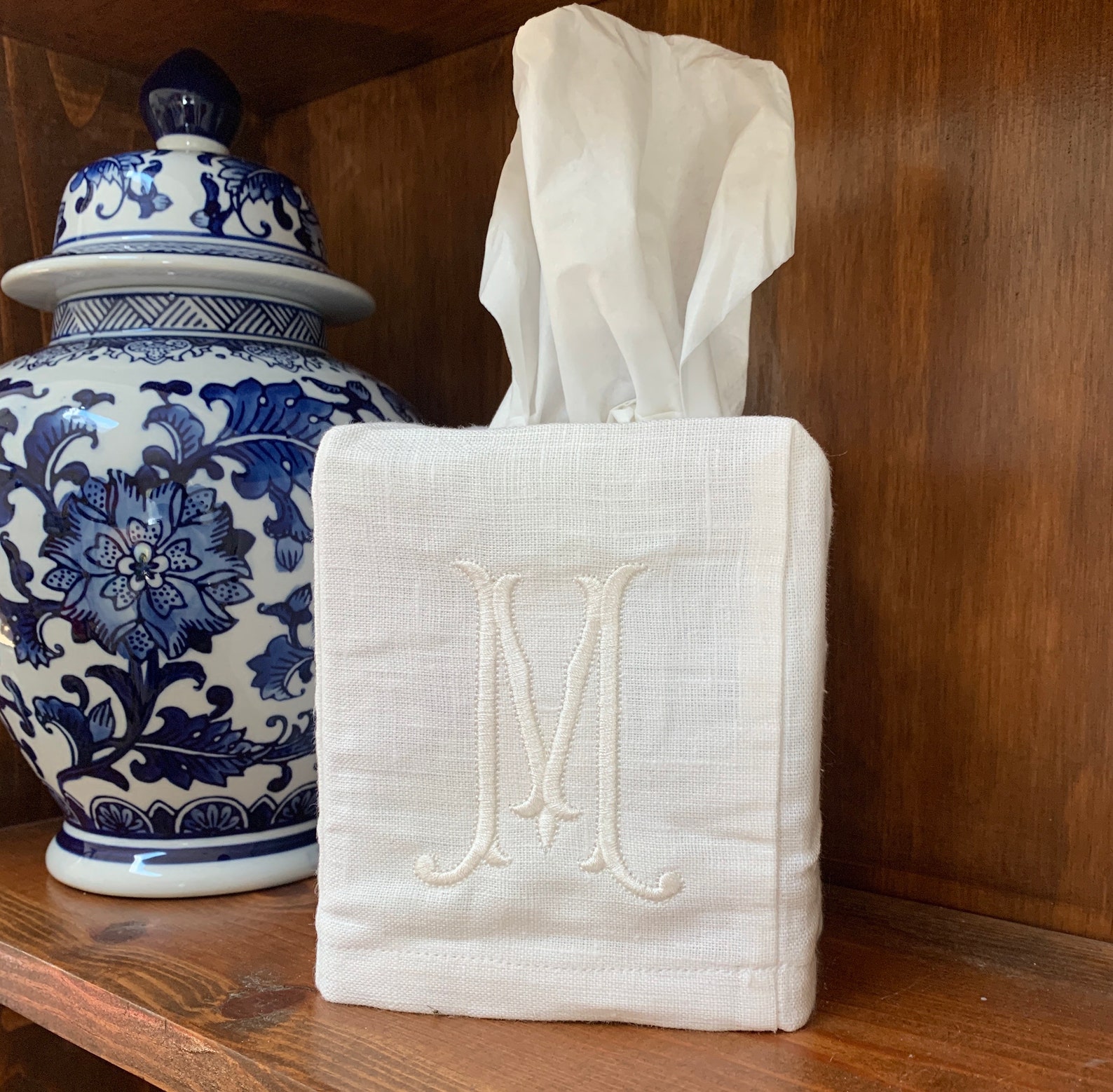 Monogrammed Linen Tissue Box Cover. Personalized Gift. Romanesque Monogram Gift. Holiday Hostess Gift. Dorm Decor - White Linen