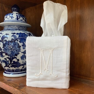 Monogrammed Linen Tissue Box Cover. Personalized Gift. Romanesque Monogram Gift. Hostess Gift. Mother’s Day Gift