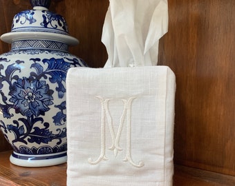 Monogrammed Linen Tissue Box Cover. Personalized Gift. Romanesque Monogram Gift. Hostess Gift. Mother’s Day Gift