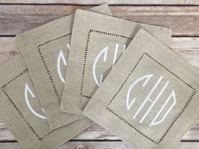 Monogram Embroidered Natural Linen Hemstitched Cocktail Napkins