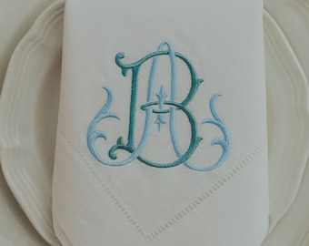 Embroidered Monogram Dinner Napkin: Couture Double Initial, Linen Cotton Blend