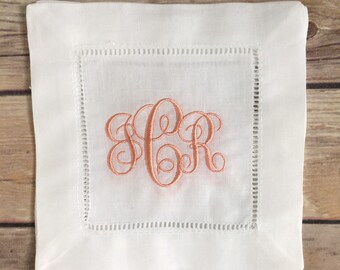 Personalized Embroidered White Linen Cocktail Napkins, Monogrammed Hemstiched Coasters, Personalized Hostess Gift