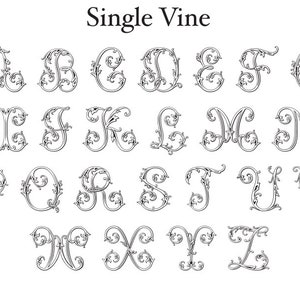 May include: A black and white graphic display titled Single Vine, featuring the full alphabet from A to Z. Each letter is rendered in a decorative, ornate font style characterized by intricate, swirling vine-like flourishes and leaf patterns.