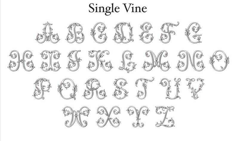 May include: A black and white graphic display titled Single Vine, featuring the full alphabet from A to Z. Each letter is rendered in a decorative, ornate font style characterized by intricate, swirling vine-like flourishes and leaf patterns.