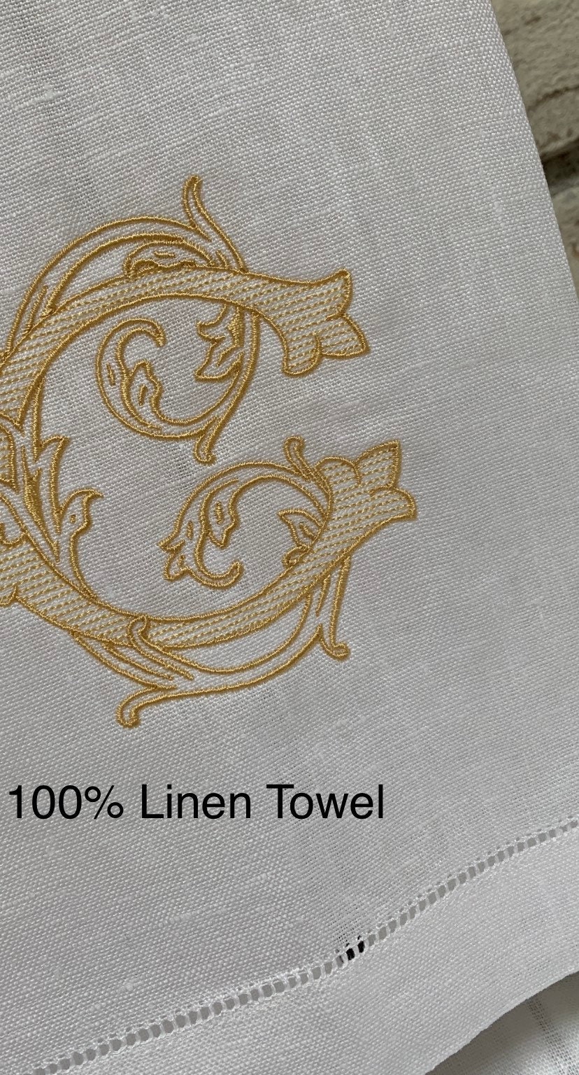 Monogram Linen Hand Towel. Custom  Personalized Hostess Gift.  Wedding Linens. European Linen. Vintage Vine Single Letter. Grandmillennial