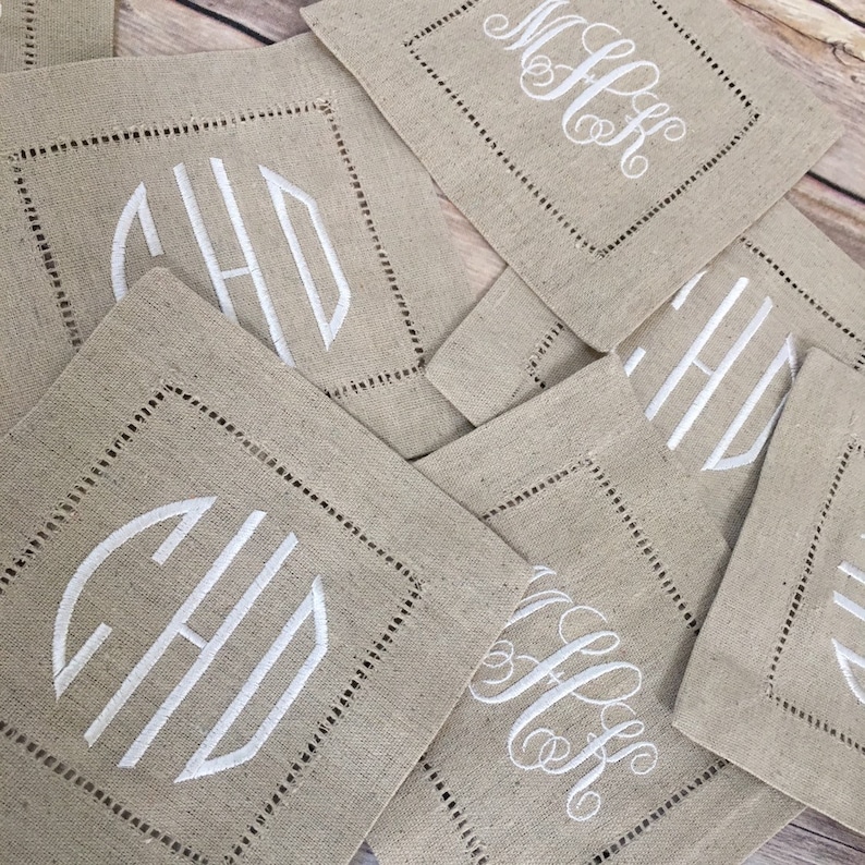 Monogram Embroidered Natural Linen Hemstitched Cocktail Napkins