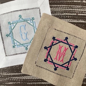 Monogram Linen Cocktail Napkins, Rattan Frame Chinoiserie Single Initial Embroidered Coaster