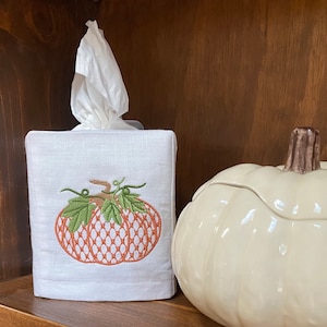 Chic Pumpkin Embroidered Linen Tissue Box Cover. Fall Home Decor. Hostess  Gift.  Classic Gift.