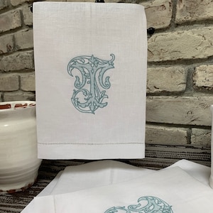 Monogram Linen Hand Towel. Custom Personalized Hostess Gift. Wedding Linens. European Linen. Vintage Vine Single Letter. Grandmillennial image 4