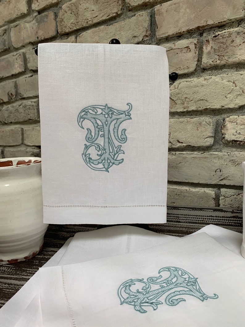 Monogram Linen Hand Towel. Custom Personalized Hostess Gift. Wedding Linens. European Linen. Vintage Vine Single Letter. Grandmillennial image 4