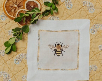 Bee Custom Embroidered White Linen Hemstitched Cocktail Napkins,  Coasters, Beverage Napkins, Bar Cart Accessory, Honey Bee, Bee Home Decor
