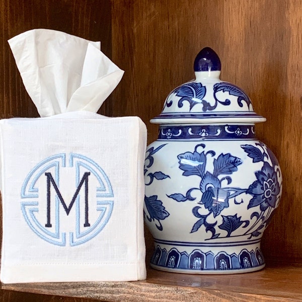 Monogrammed Linen Tissue Box Cover. Personalized Gift. Medallion Monogram Gift. Hostess Gift. Powder Room Decor