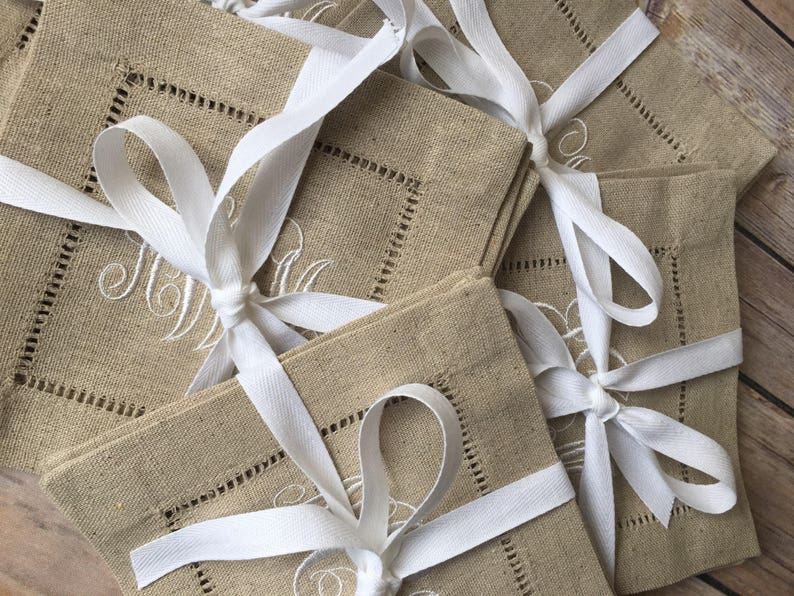 Monogram Embroidered Natural Linen Hemstitched Cocktail Napkins