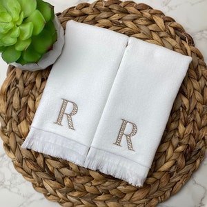 Monogrammed Fingertip Hand Towel  Single Letter Embroidered Linen Tissue Box Cover  Hostess Housewarming  Shower Gift Set