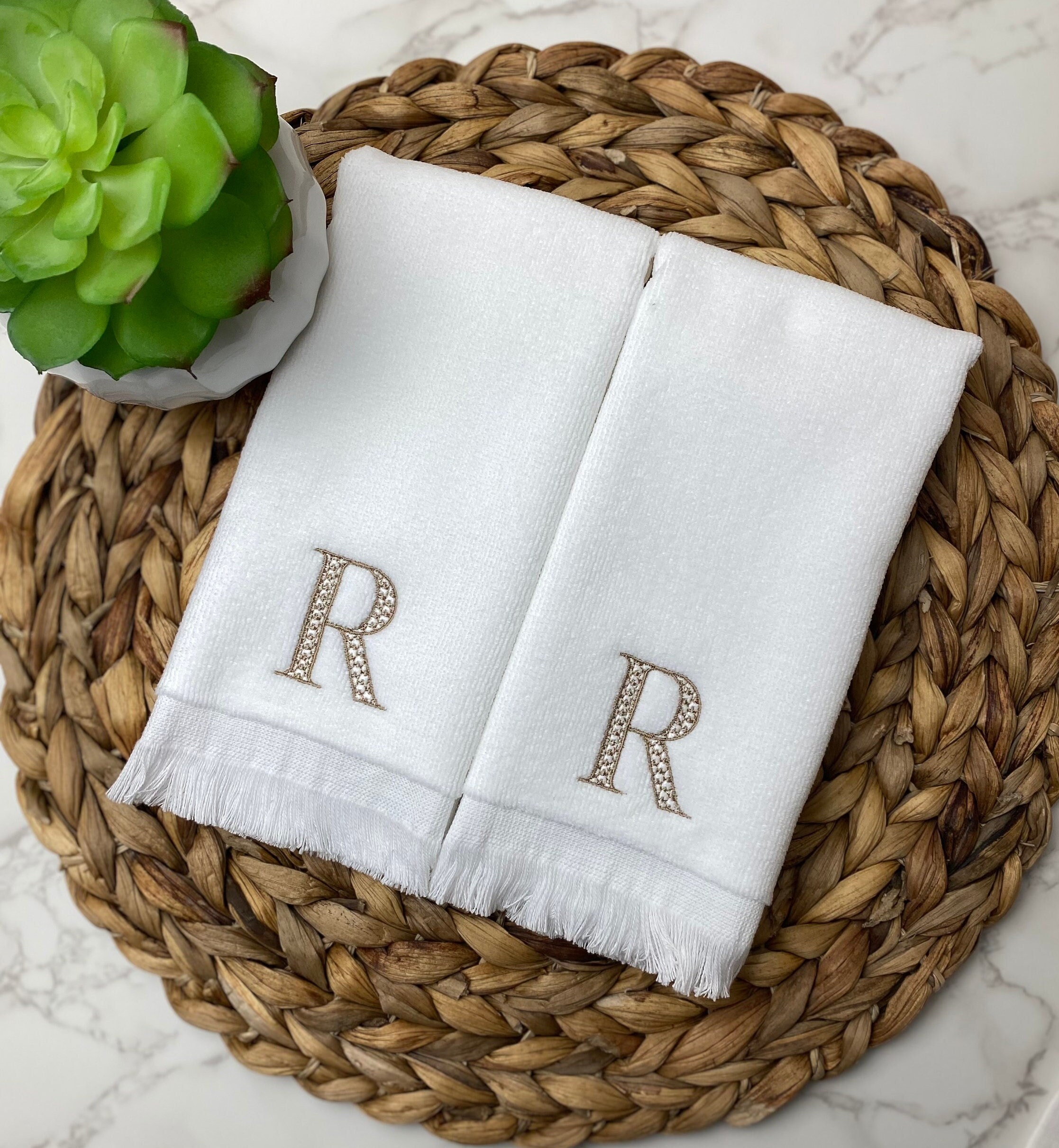 Monogrammed Fingertip Hand Towel  Single Letter Embroidered Linen Tissue Box Cover  Hostess Housewarming  Shower Gift Set