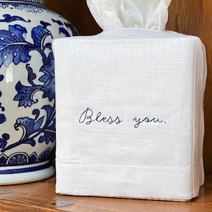 Bless You Embroidered Linen Tissue Box Cover. Gift for Her Dorm Decor