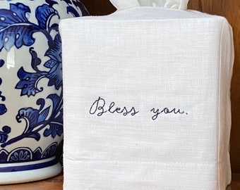 Bless You Embroidered Linen Tissue Box Cover.