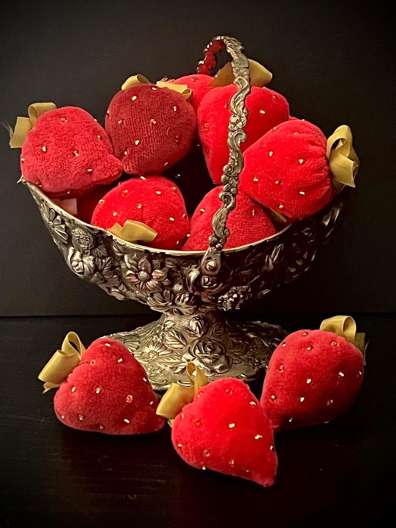 Velvet strawberry, fabric strawberry, vintage style, decor, handmade strawberry, victorian style, image 1