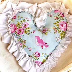 Heart pillow with ruffels, heart pillows, valentine day, mother's day, romantic decor, shabby chic, cotton fabric, cottage chic , farmhouse