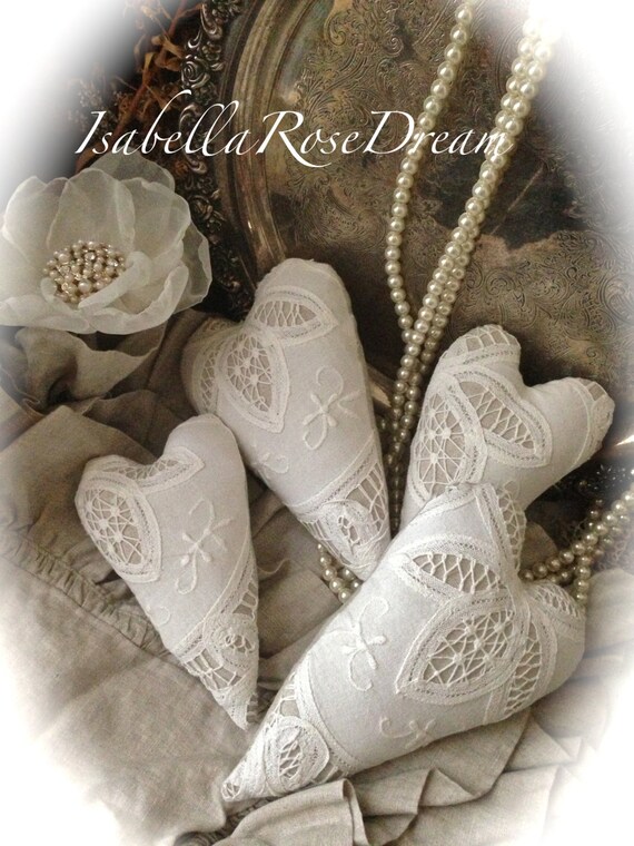 Items similar to Linen hearts, shabby chic decor, vintage lace, cottage