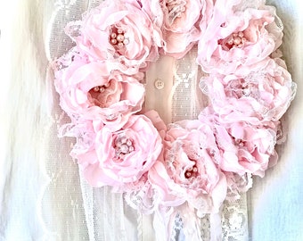 Wreath, chiffon flowers, pink flowers pink wreath fabric flowers romantic decor