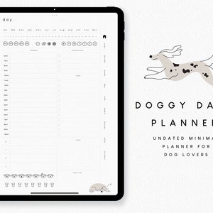 Könnte beinhalten: Ein digitaler Planer mit weißem Hintergrund und schwarzem Text. Der Planer ist für Hundeliebhaber konzipiert und zeigt eine niedliche Illustration eines laufenden Hundes. Der Text auf dem Planer lautet "Doggy Days Planner" und "Undatierter Minimal-Planer für Hundeliebhaber".