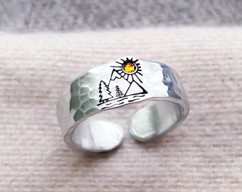 Mountain Sunrise Ring, Silver Nature Jewelry, Tree Ring