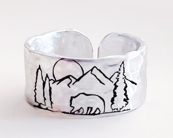 Adjustable Mountain Landscape Ring, Silver Hiking Trails Jewelry, Wide Band Ring