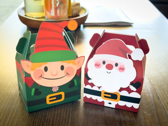 10x Xmas Cardboard Gable Box 11.5x8.5x15cm Handle Christmas Favour Bomboniere Party Gift Large Kids Santa Elf Reindeer Snowman