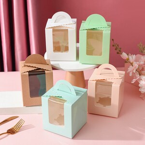 10x Single cupcake boxes 9.5x9.5x11cm Window cardboard boxes Wedding bomboniere Party favor DIY cupcake packaging Box with handle