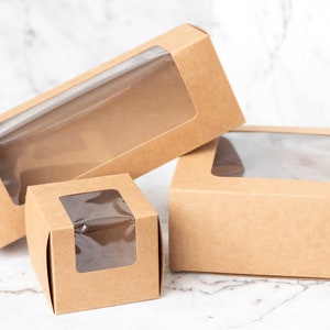 50x Kraft Paper Cupcake Box Brown Cardboard Clear Window Long Container Party Favour Multiple Sizes
