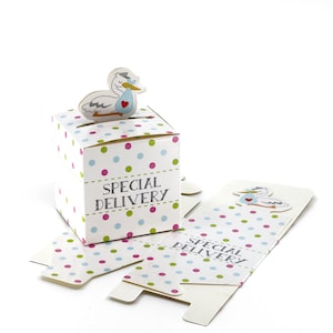May include: A white favor box with a pink, green, and blue polka dot pattern. The box has a cut-out on the top for a small stork figurine holding a blue baby bundle. The box says "Special Delivery" in gray text.