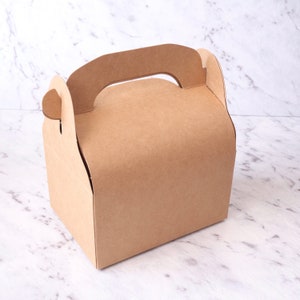 K&ouml;nnte beinhalten: Ein brauner Karton mit einem Griff. Die Box ist zum Tragen gedacht und hat eine gew&ouml;lbte Oberseite.