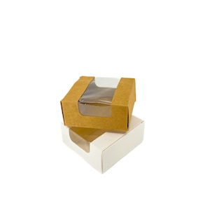 50x Window Kraft Cardboard Boxes 6.5cm 8cm 10cm Wedding Favour Party Bomboniere Container Plain Packaging - Multi Sizes