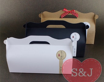 50x White/Kraft/Black 27x10x12cm Cardboard Gable Sponge Cake Swiss Roll Favour Wedding Boxes with Handle Insert Tray